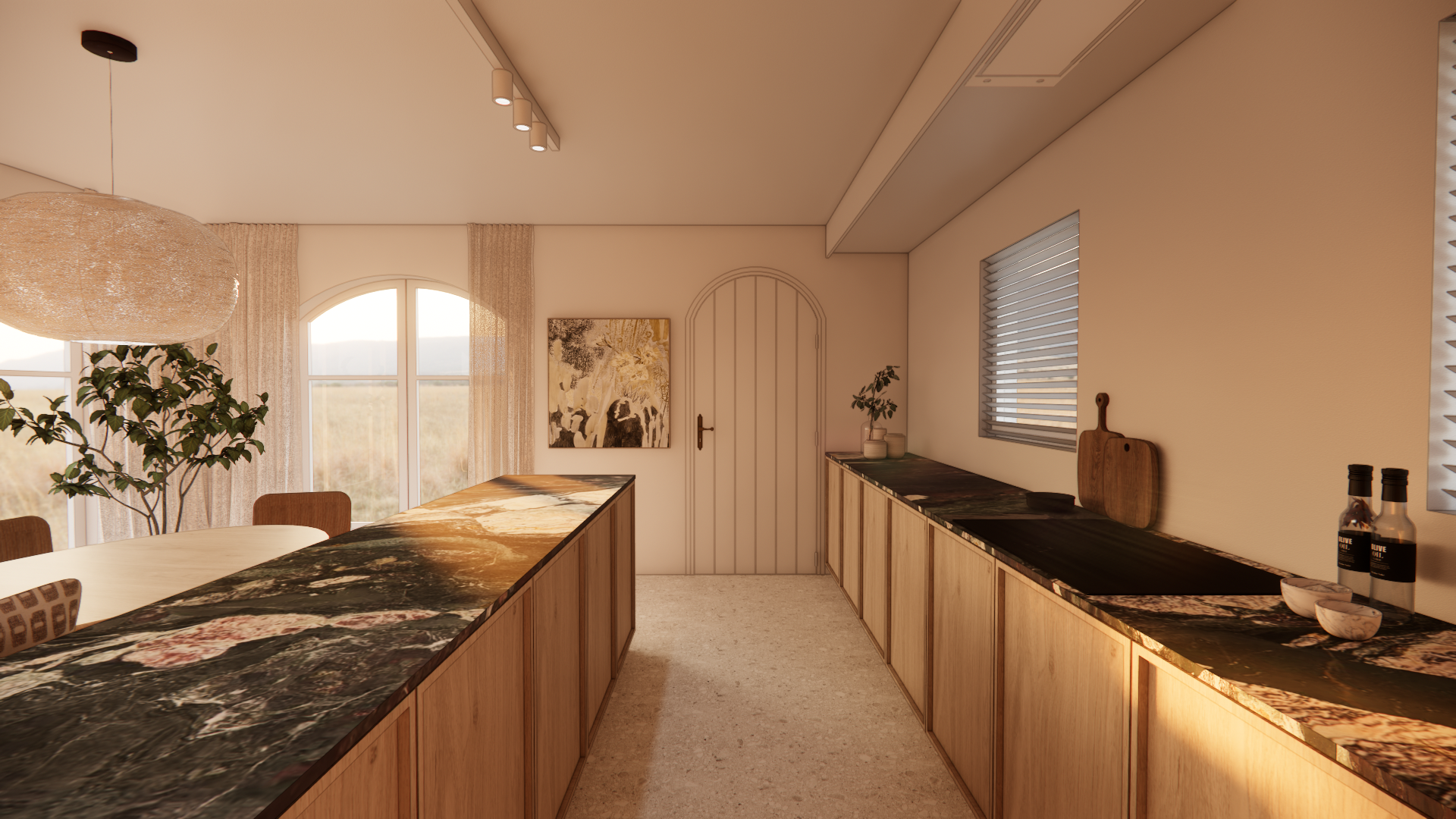 Modern kitchen with natural light, wooden cabinets, black and pink marble countertops, decorative items, and a dining area with a wooden table and chairs.