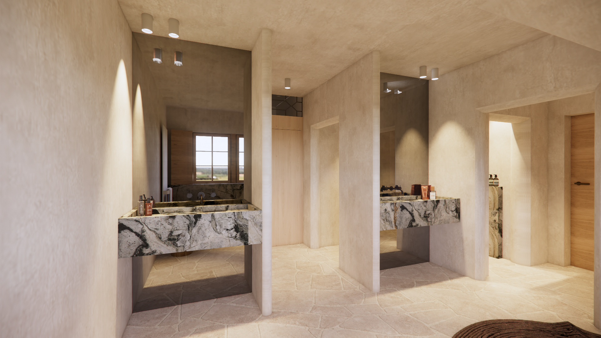 Public restroom with marble sinks, wood doors, beige walls and floor, and towel bottles on the sinks.