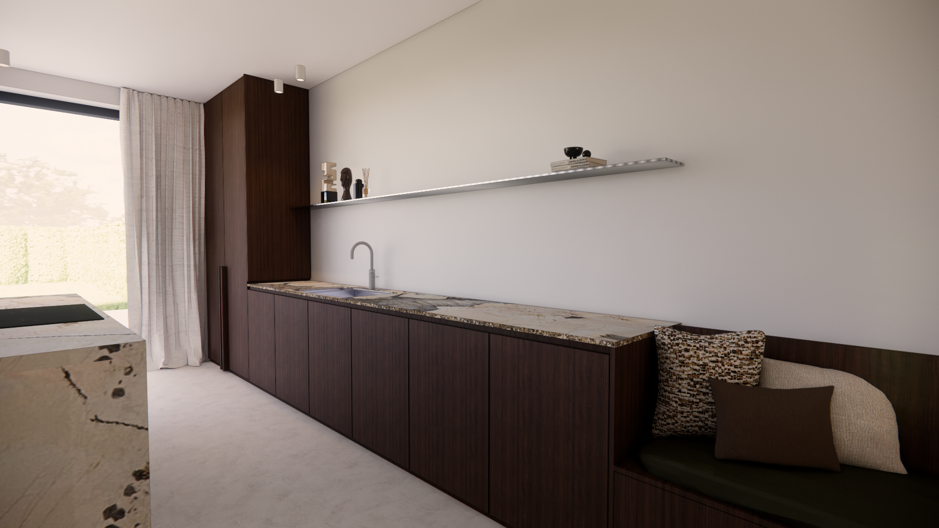 Modern kitchen with dark wood cabinets, marble countertop, and a subway tile backsplash. There is a single-basin sink with a curved faucet, and a built-in window seat with assorted cushions. A long floating shelf displays decorative objects and books