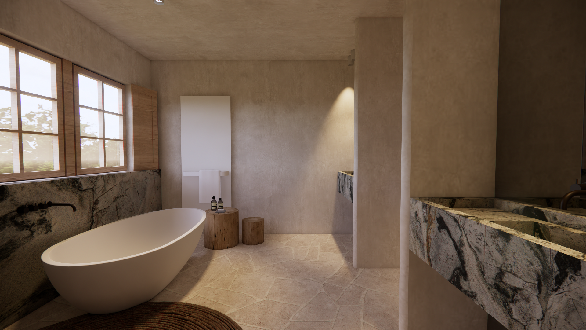 Modern bathroom with a freestanding bathtub, large windows, and stone accents on the walls and sink.