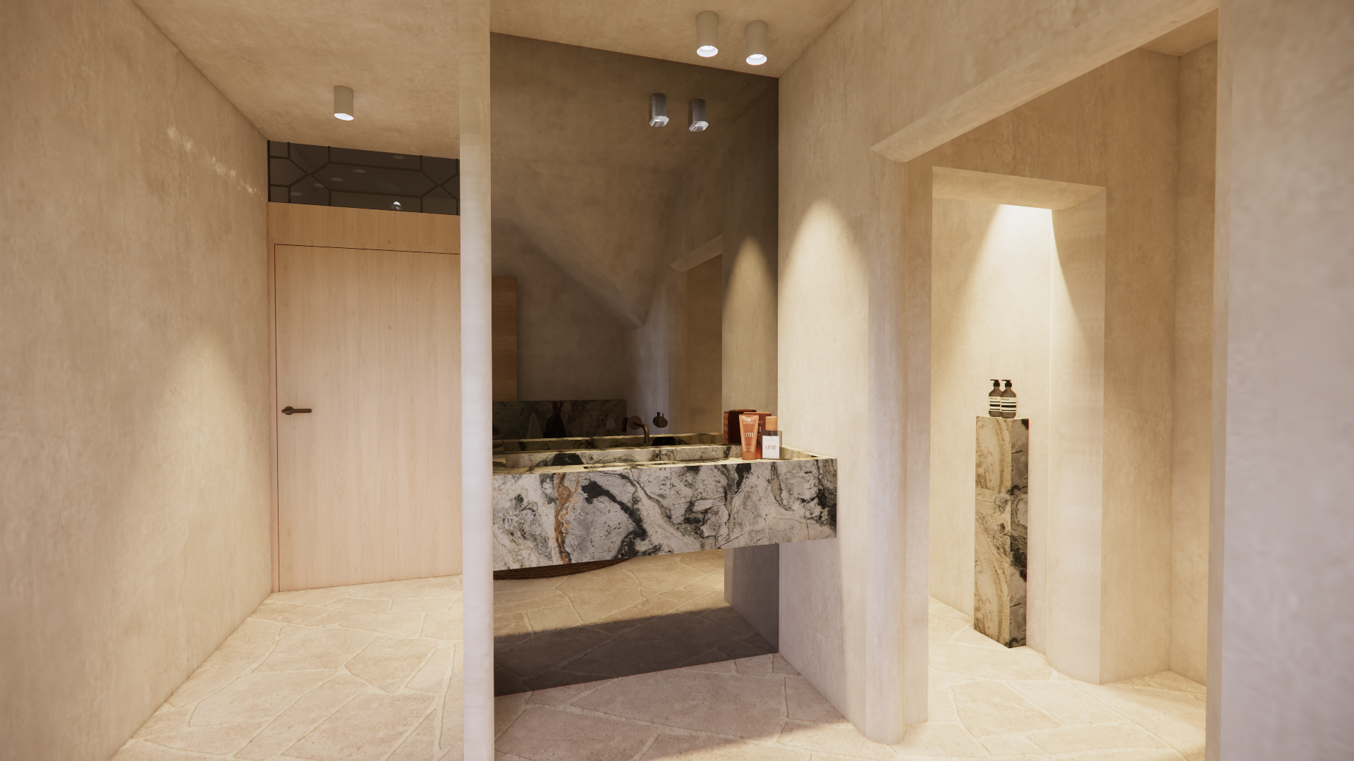 Interior of a modern bathroom with beige textured walls and stone flooring, featuring a marble vanity, and a small pedestal with soap or lotion bottles