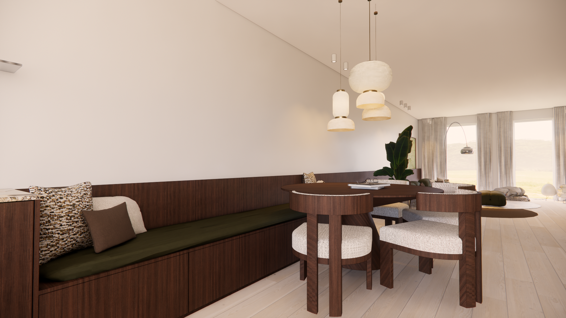 Modern living room with a round wooden dining table, beige upholstered chairs, a long wooden bench with cushions, and large windows with curtains, letting in natural light.