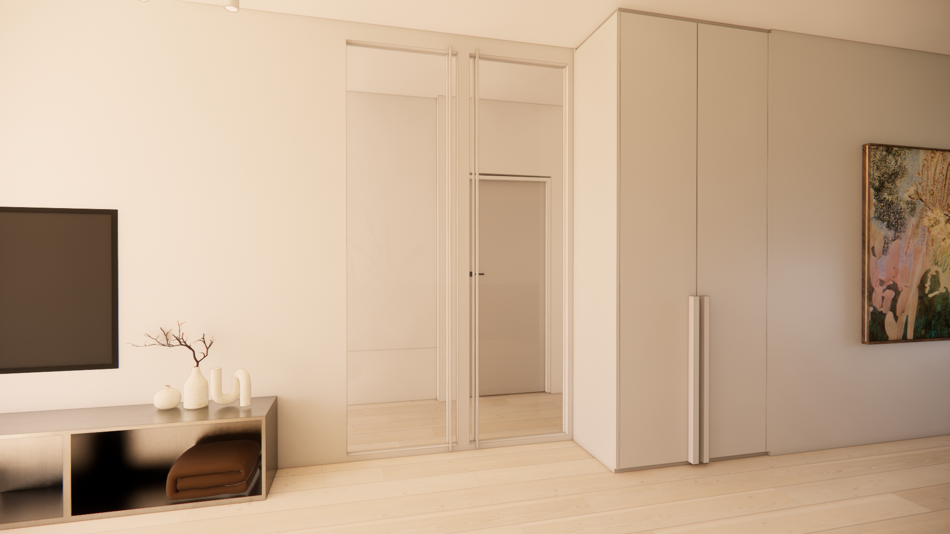 Modern living room with a wall-mounted TV, a wooden console with decorative vases, a tree branch, and folded blankets, a full-length mirror, and a painting on the wall.