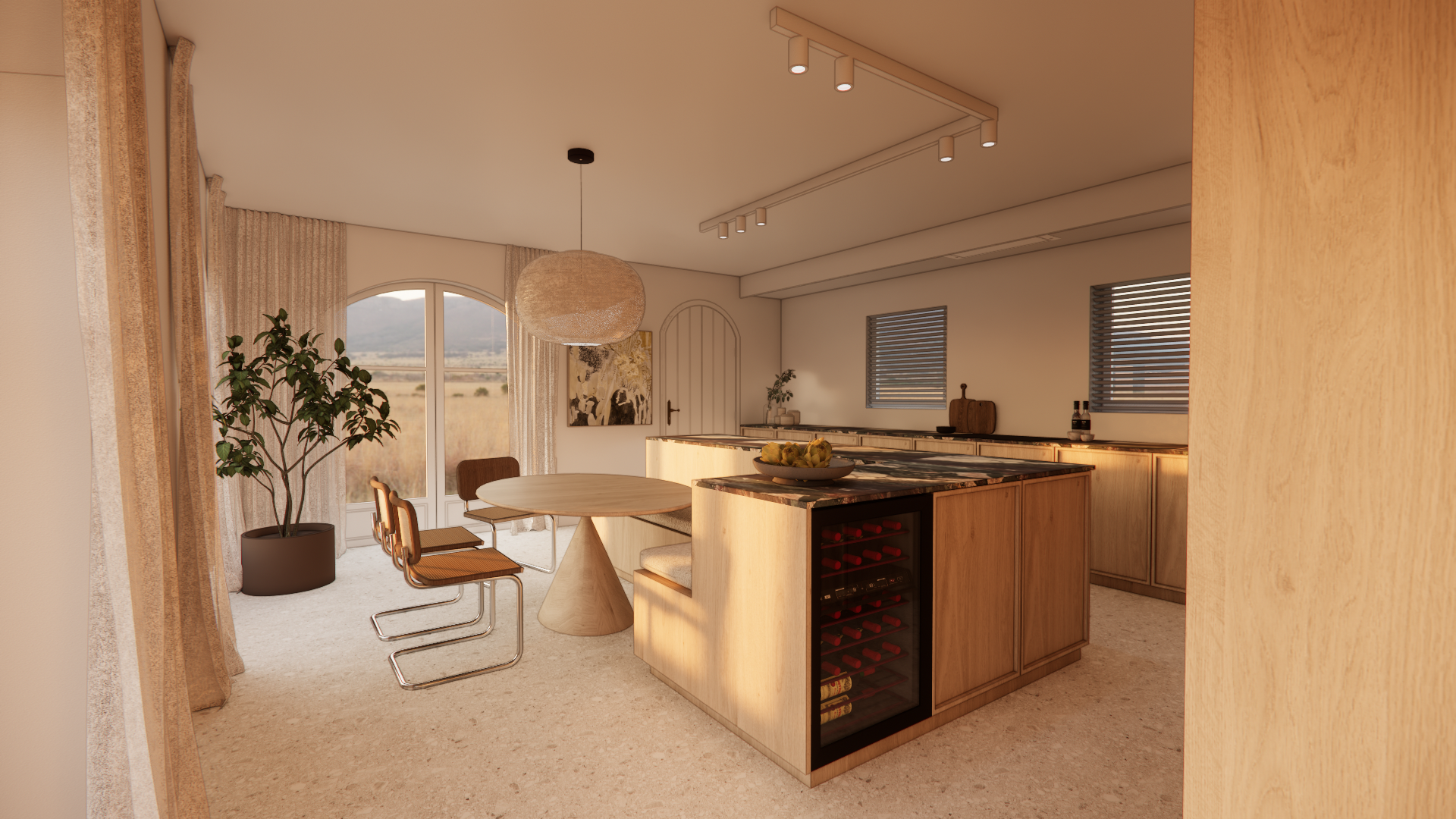 Modern kitchen and dining area with large window, potted plant, round dining table with wooden chairs, kitchen island with wine storage, and natural lighting.