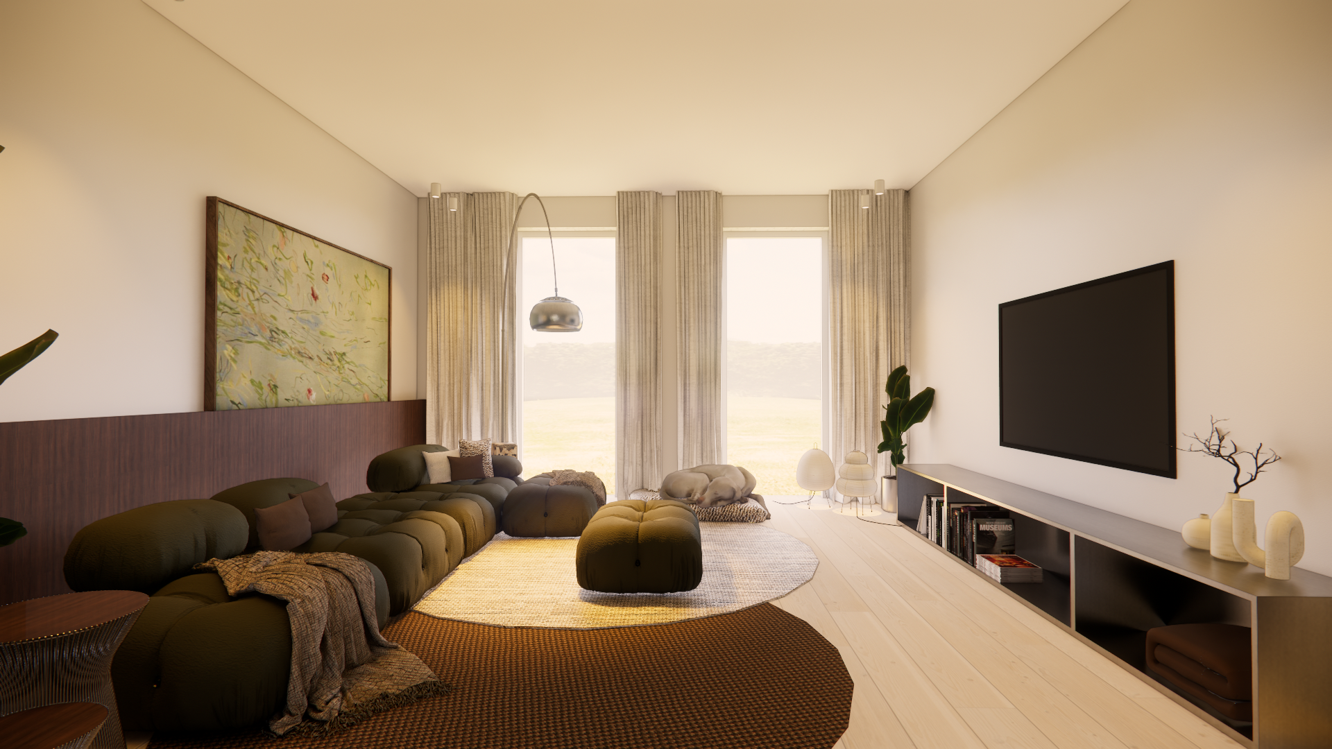 Modern living room with a large dark sectional sofa, a flat-screen TV on the wall, tall windows with light curtains, and minimalist decor including a pastel sculpture and vases.