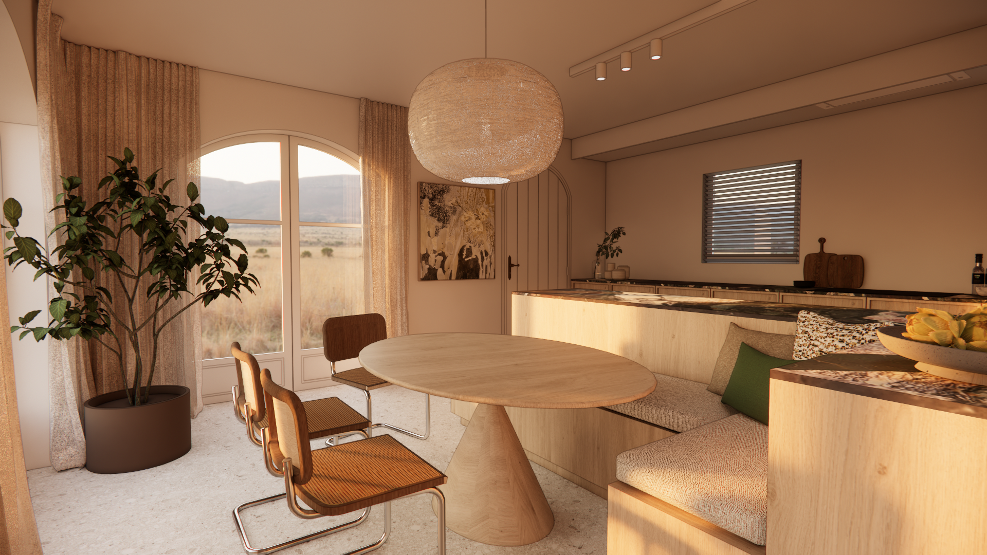 Interior of a cozy, modern dining area with a wooden round table, four chairs, a built-in bench, a large potted plant, and a view of a landscape through large windows with curtains.