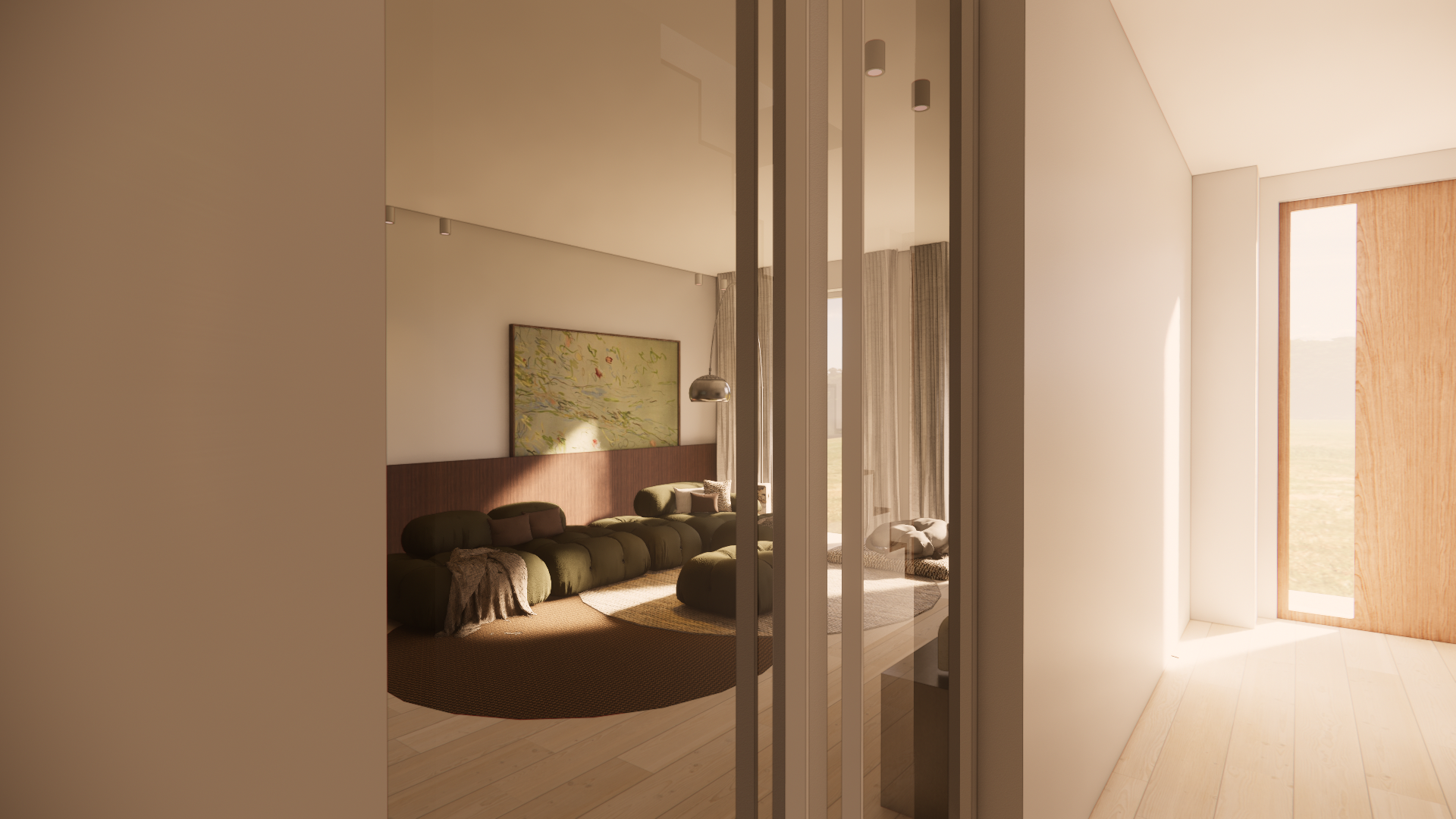 A modern living room with a dark green sectional sofa, a circular rug, and a large abstract painting on the wall. There are floor-to-ceiling windows with curtains near the sofa, and the space is illuminated with natural sunlight.