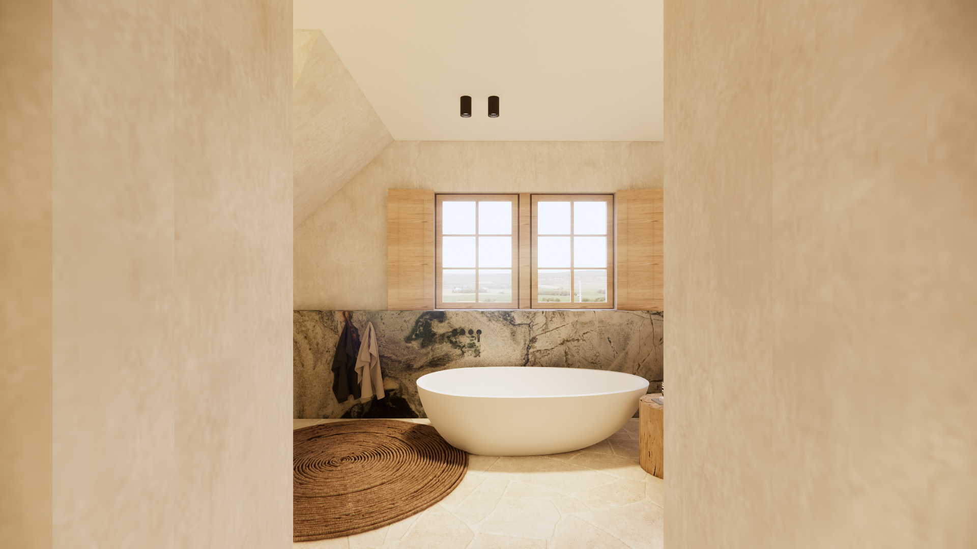 Bright bathroom with a large bathtub, two windows with wooden shutters, a textured stone wall, and a small wooden side table, with towels hanging on the wall and a round woven rug on the floor.