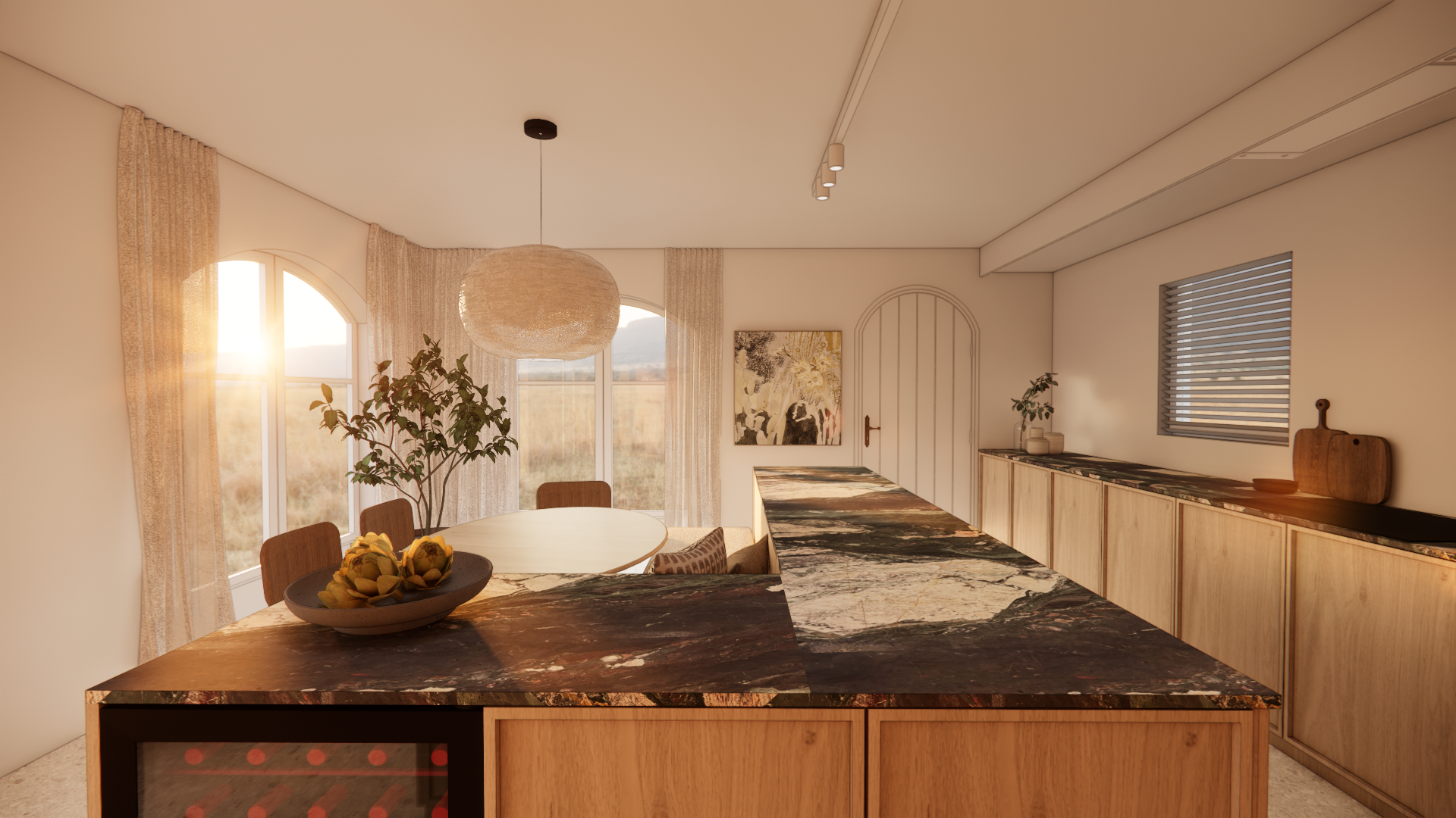 Modern kitchen and dining area with sunlight, a large marble-topped island, wooden cabinets, a round dining table, chairs, houseplants, and abstract artwork, in a warm, natural color palette.