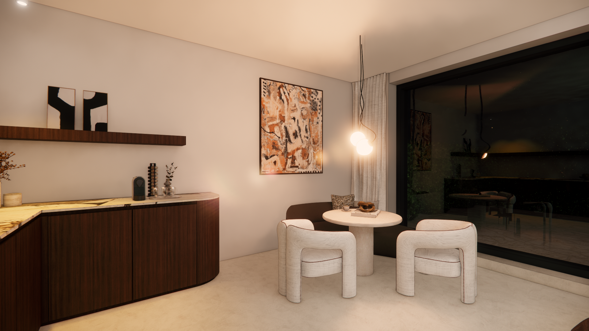 Modern living room with round marble table, two white chairs, a brown sofa, abstract wall art, and a large sliding glass door opening to an outdoor area at night.