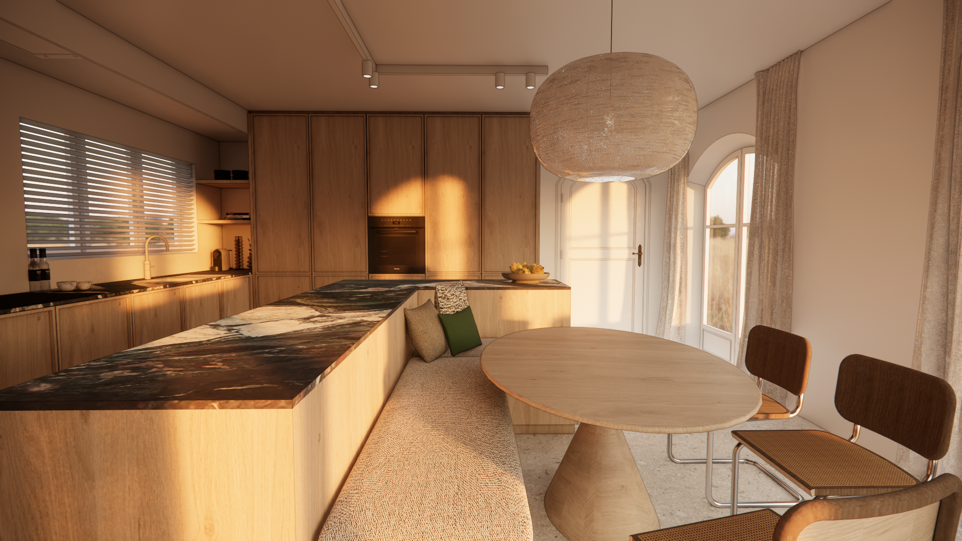 A modern kitchen and dining area with wooden cabinetry, a marble countertop, a round wooden dining table, and brown chairs. Sunlight streams through arched windows, illuminating the space.