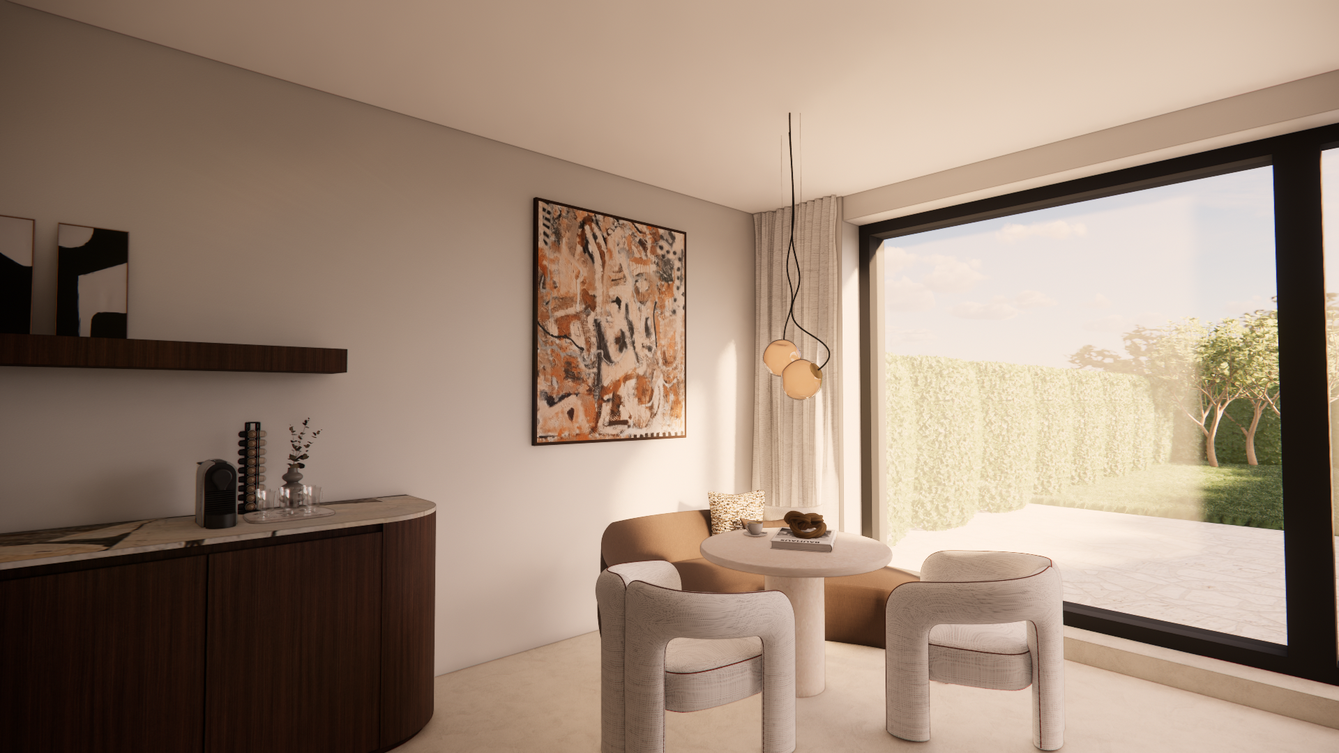 Contemporary living room with large window showing outdoor greenery, round table with two chairs and a sofa, abstract wall art, hanging light fixtures, and minimal decor.