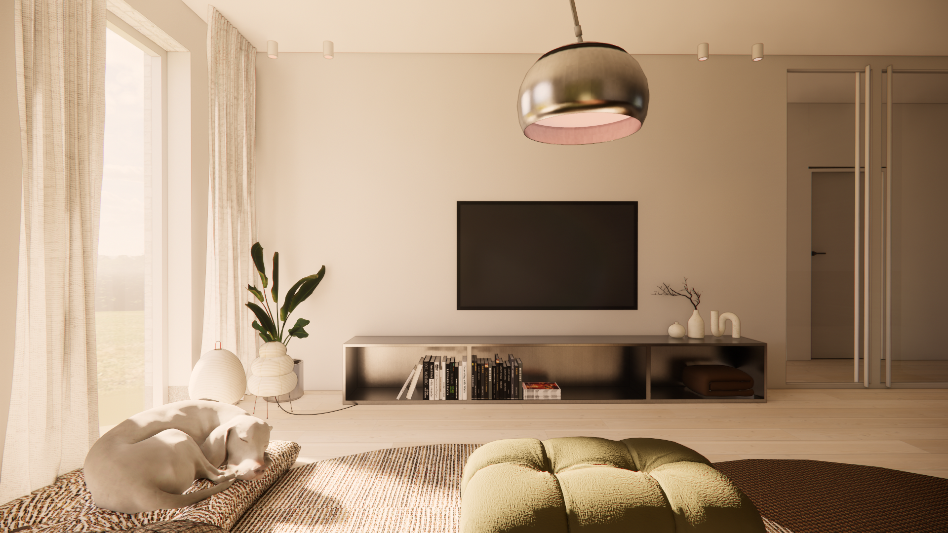 Living room with large window and sheer curtains, a dog curled up and sleeping on a leopard print pillow, a beige tufted ottoman, a modern TV, a floating shelf with books and decorative items, a potted plant, and modern light fixtures.