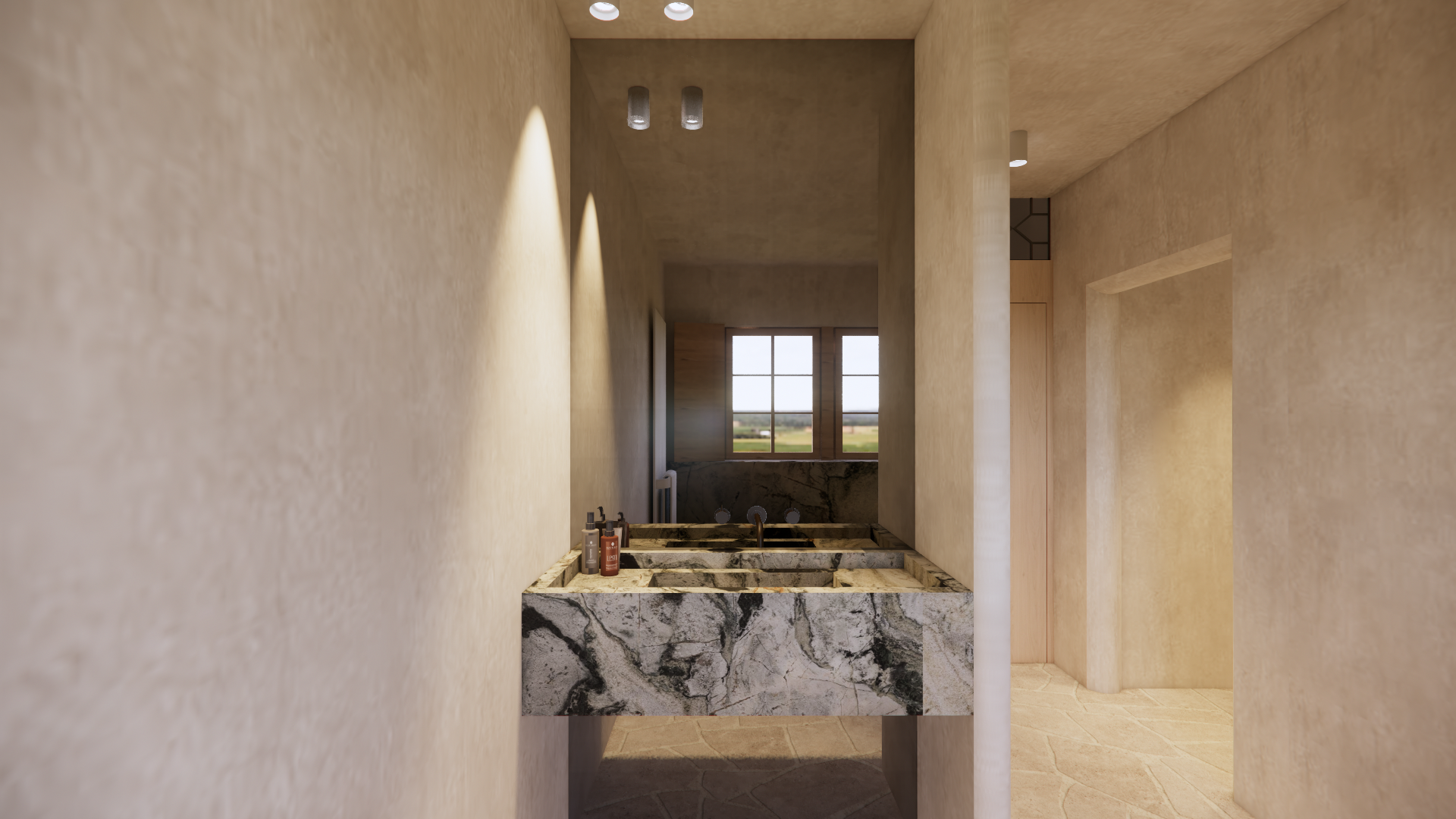 View of a bathroom vanity with a marble countertop and built-in sink, with a window showing an outdoor landscape in the background.