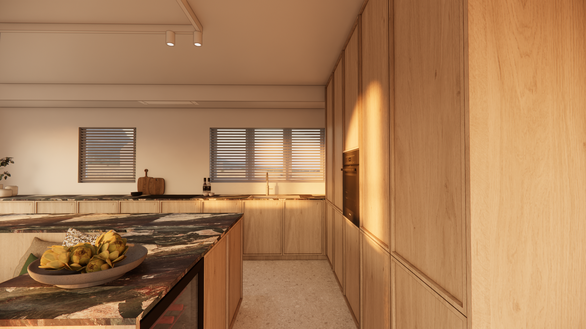 Modern kitchen with wooden cabinets, marble countertop, and two windows with blinds, illuminated by sunlight.