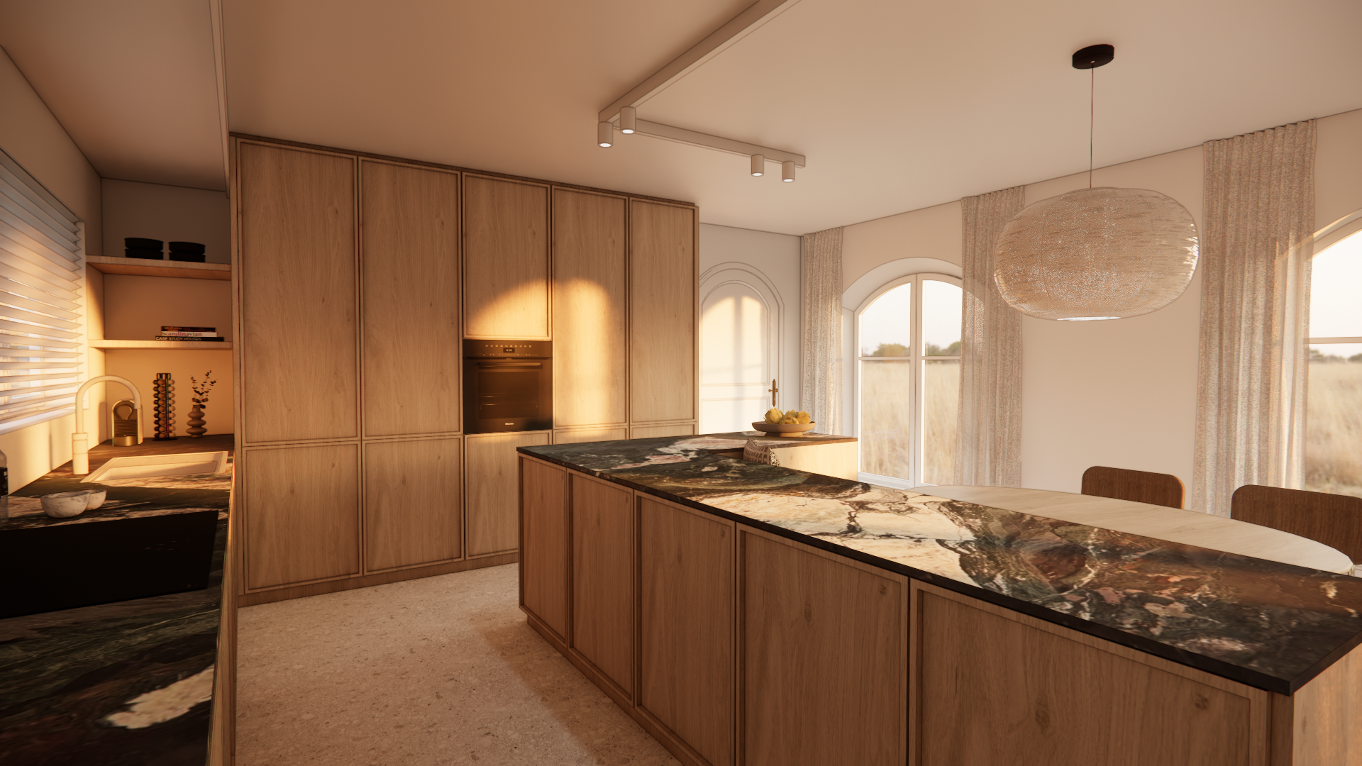 Sunlit kitchen with wooden cabinetry, marble countertops, large windows with curtains, and a pendant light.