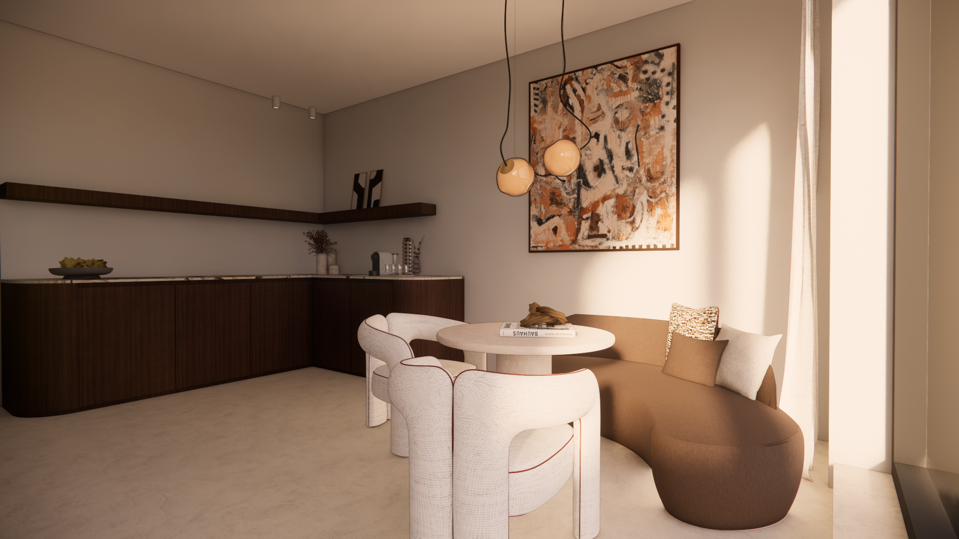 Modern living room corner with a round table, beige and brown seating, large abstract wall art, and pendant lighting.