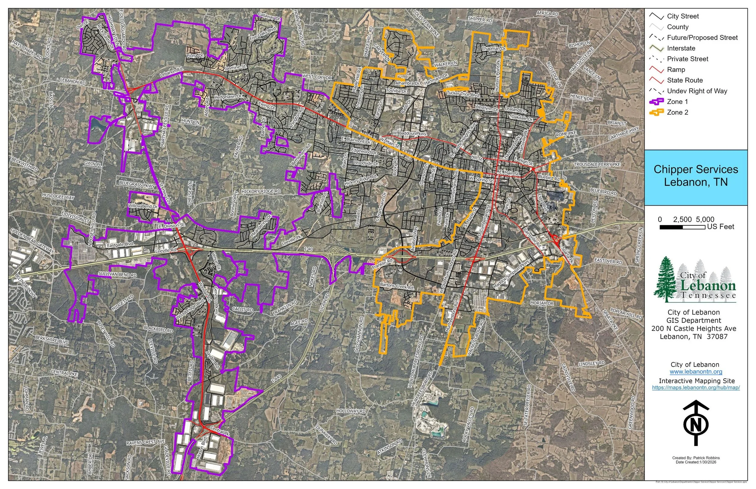Map of Lebanon, Tennessee showing city streets, county borders, future/staged streets, interstate highways, private streets, ramps, state routes, and undeveloped right of ways. The map has two colored zones: purple Zone 1 and orange Zone 2, outlined 