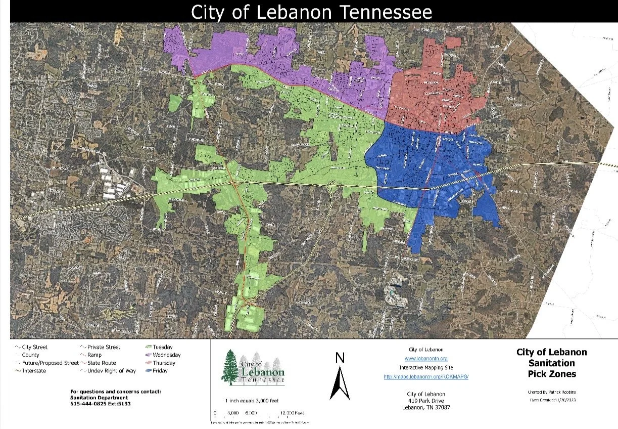 Map showing the City of Lebanon, Tennessee, with designated sanitation pickup zones marked in different colors for different days of the week.