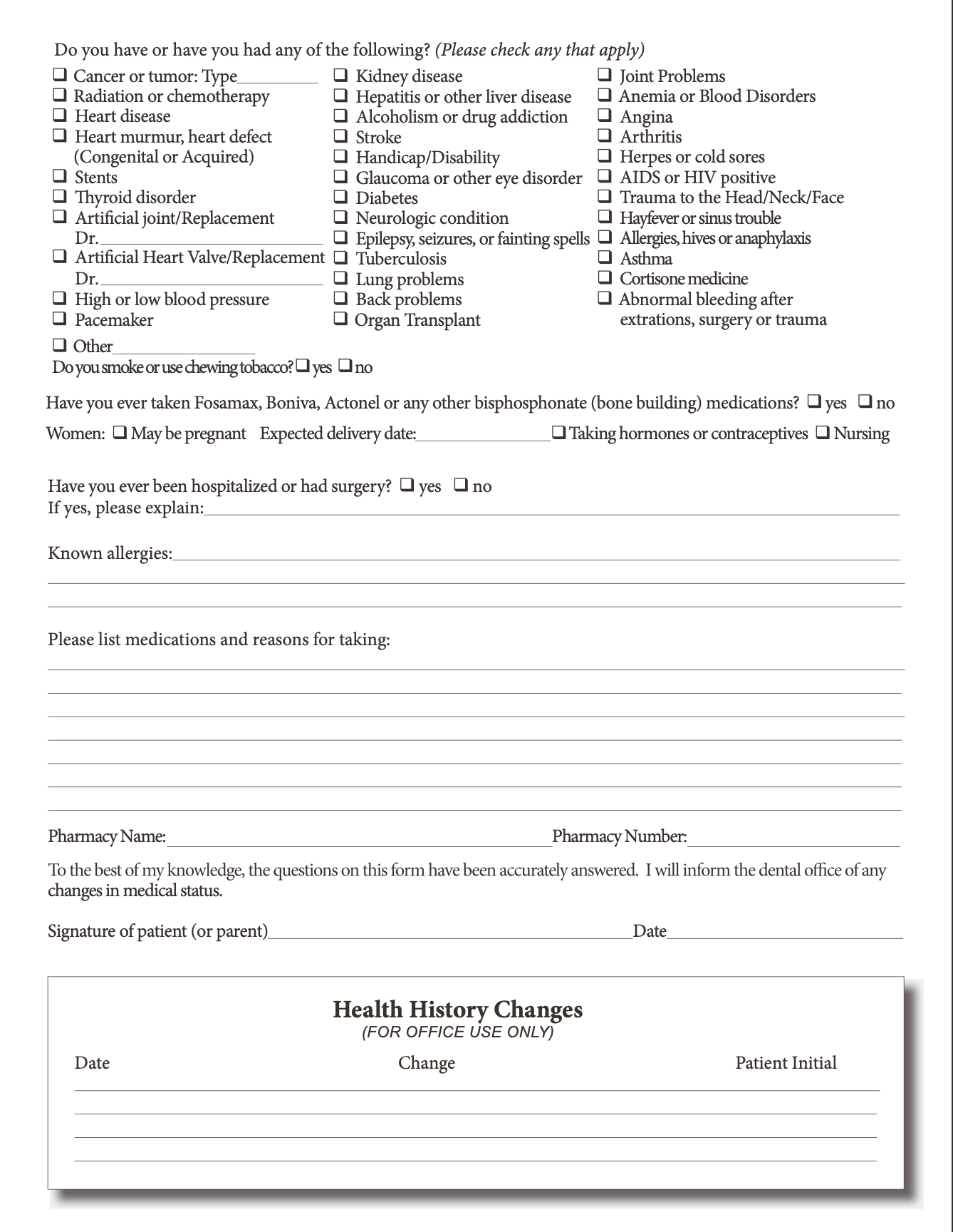 Medical health history questionnaire form with checkboxes and lines for patient information and medical history details.