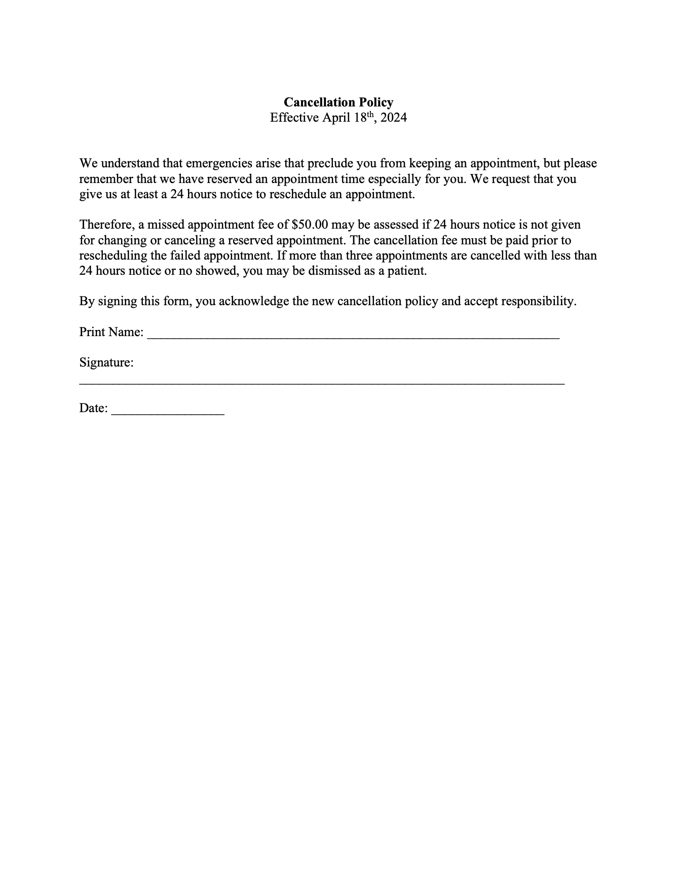A printed cancellation policy document with instructions and spaces for name, signature, and date.