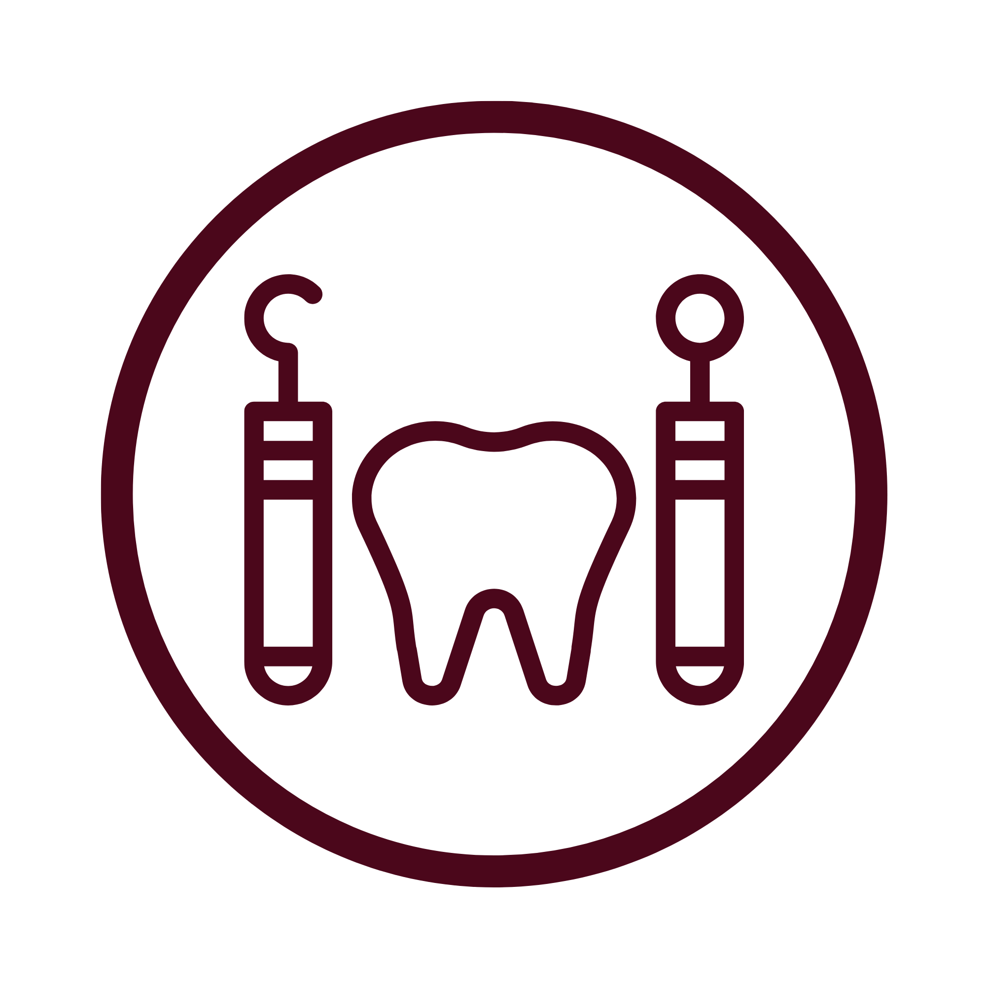 Dental icon with a tooth in the center, flanked by two dental syringes, within a circular border.