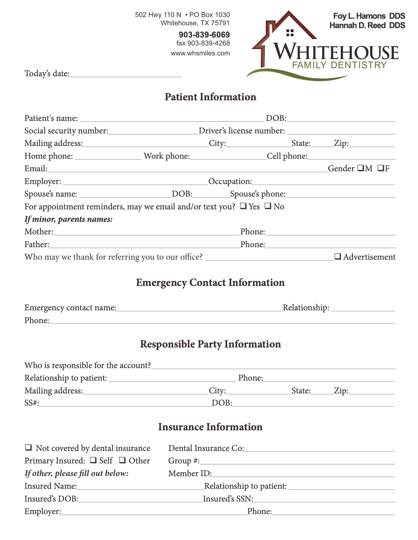 Dental office intake form from Whitehouse Family Dentistry in Whitehouse, TX. It includes sections for patient information, emergency contact, responsible party, and insurance details.