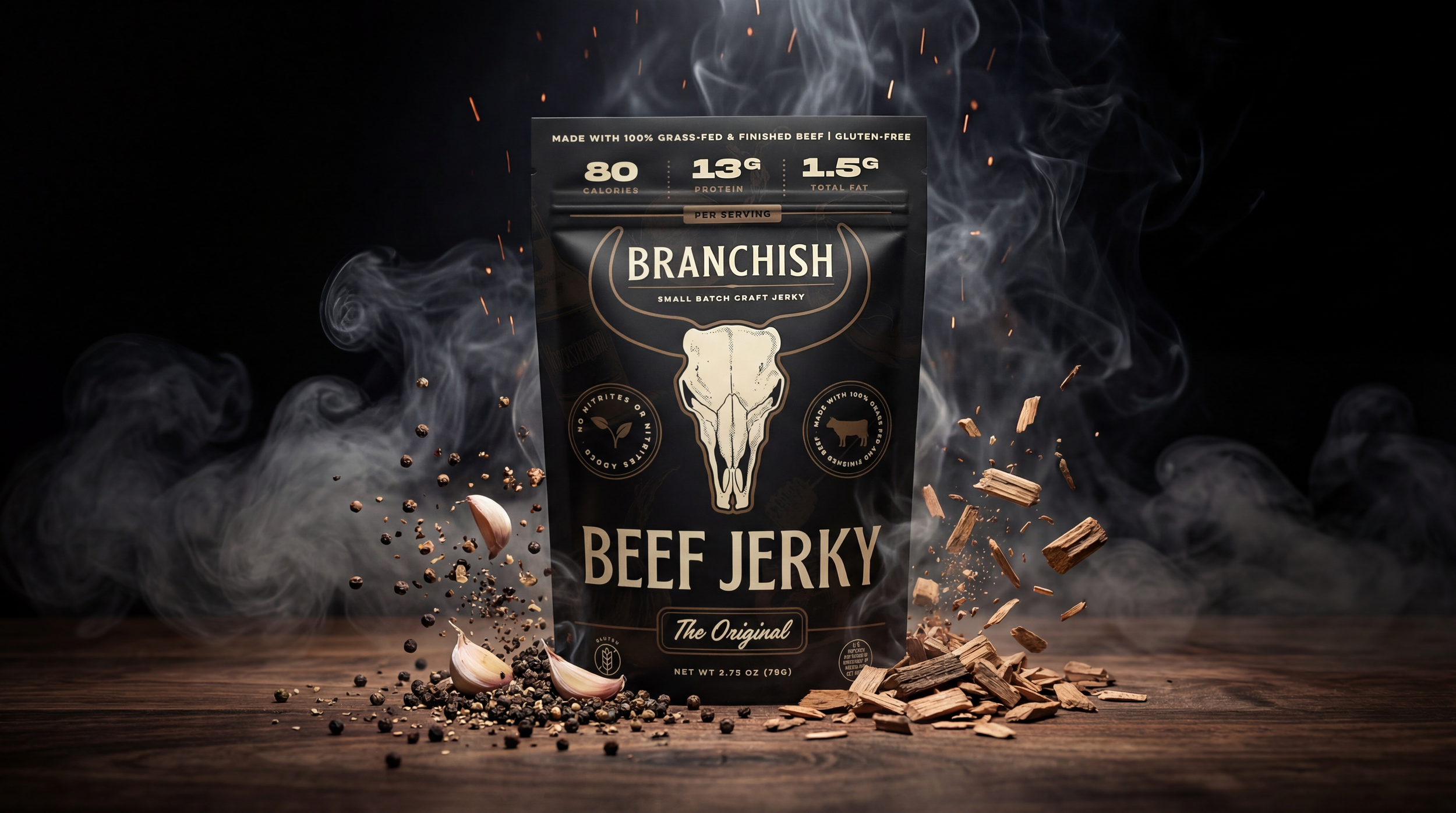 Packaging of BRANCHISH Beef Jerky with smoke, garlic, peppercorns, and wood chips in the foreground.