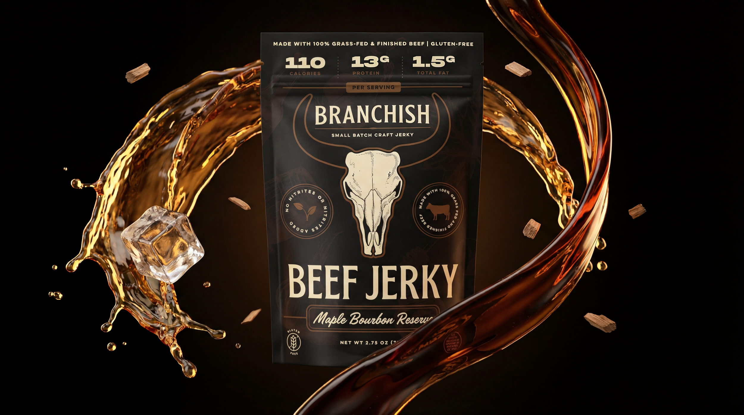 Packaging of Branchish beef jerky with splashes of bourbon whiskey, ice cube, and small wood pieces around it on a black background.