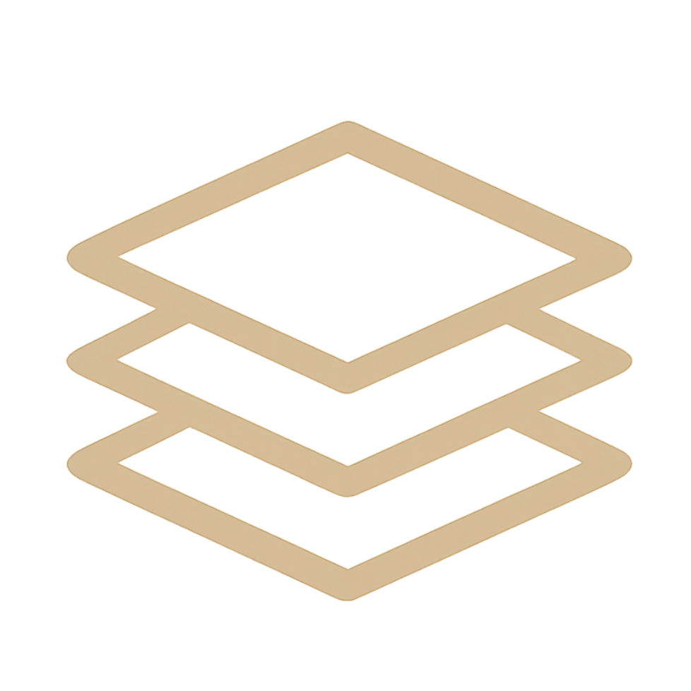 Small-batch icon with layered beige shapes.