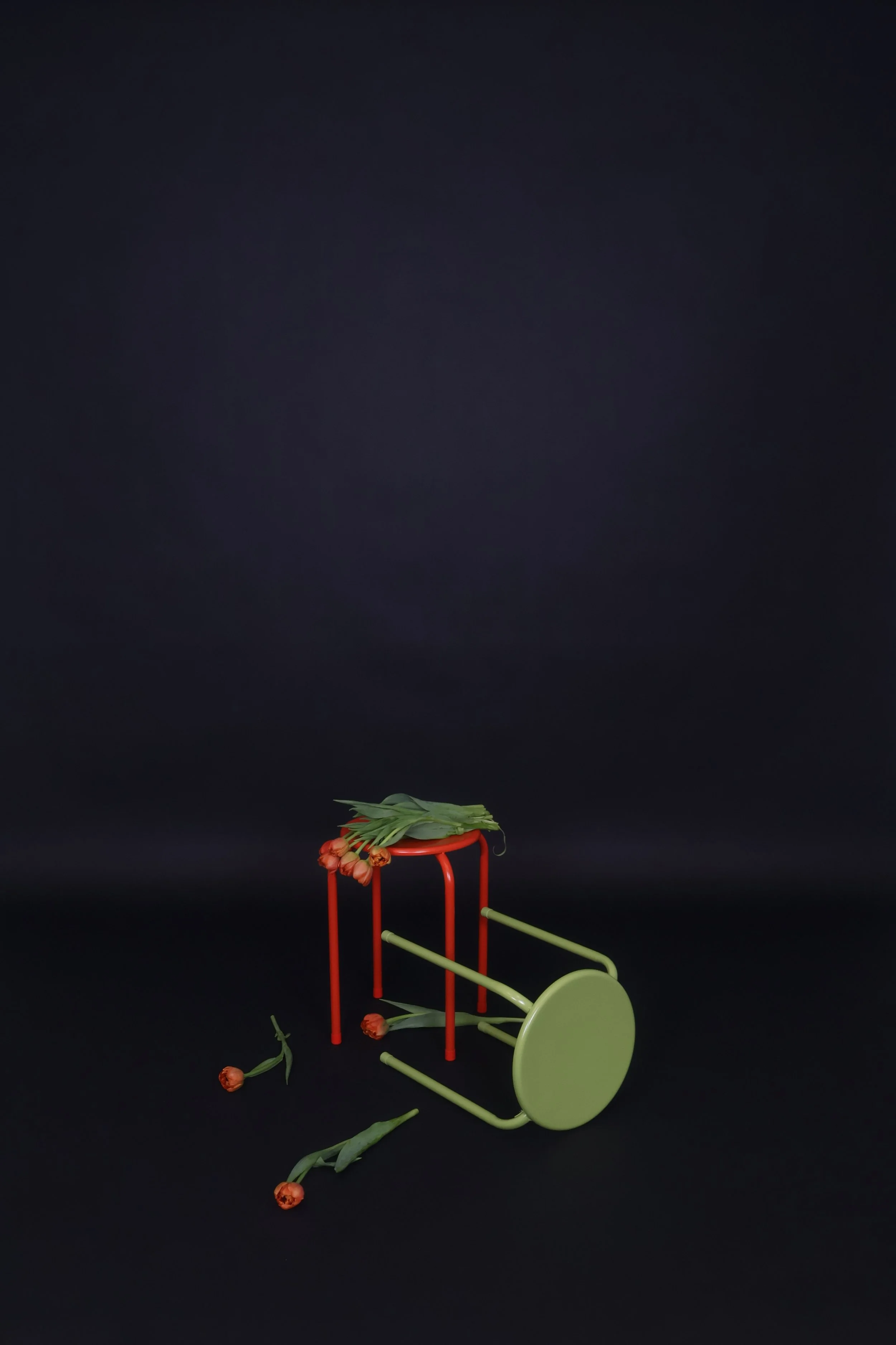 Keskellä on pieni jakkara, jonka päälle on asetettu muutama kukkainen tulppaani. Tulppaanit ovat osittain on the istuimen ja maassa ympärillä, osa kukista on irronnut.