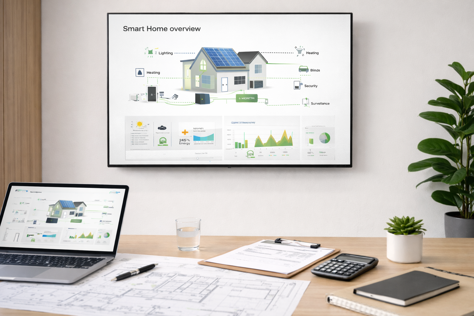 Ein Büro mit einem Tisch, auf dem ein Laptop, ein Wasser Glas, ein Klemmbrett mit Papieren, ein Taschenrechner, eine Notizbuch und ein Stift liegen. Im Hintergrund befindet sich ein großer Bildschirm, der eine Smart-Home-Übersicht mit Diagrammen und einer Hausillustration zeigt, sowie eine Topfpflanze.