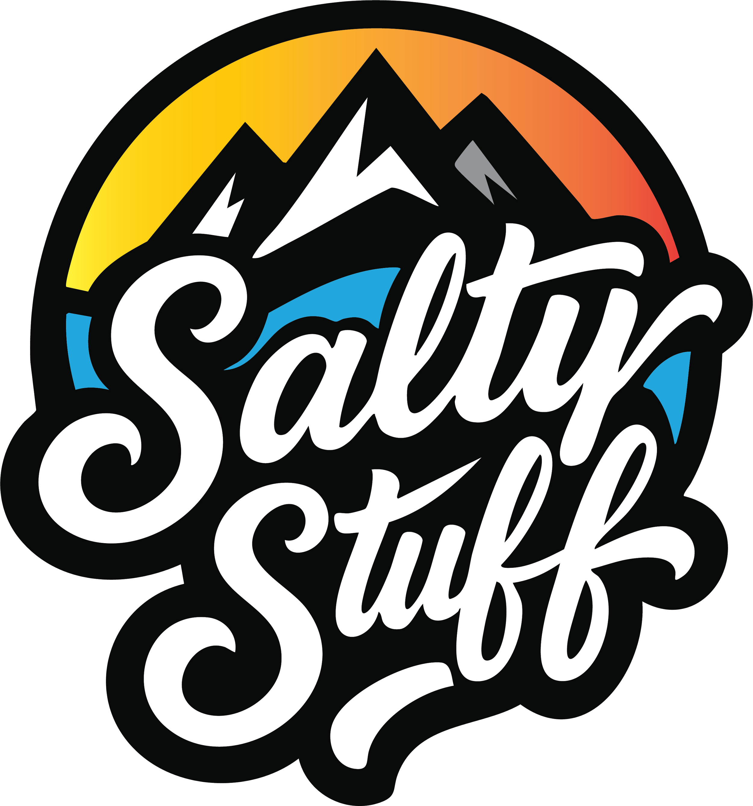 Logo with mountain peaks, sunset colors, and the text "Salty Stuff" in a stylized script.
