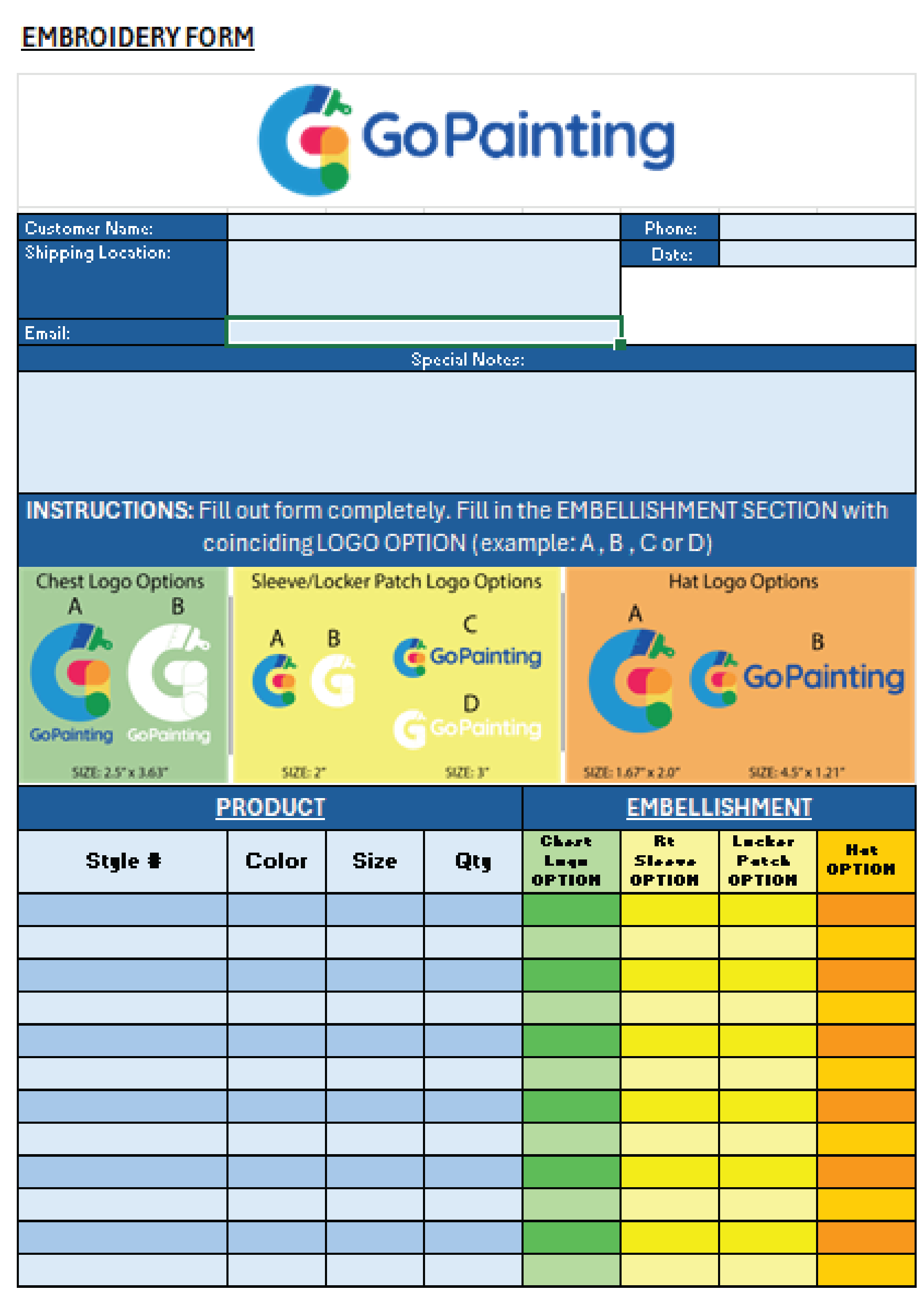 A printable embroidery order form for GoPainting, including sections for customer info, logo options, product details, and embroidery options with color, size, and quantity fields.