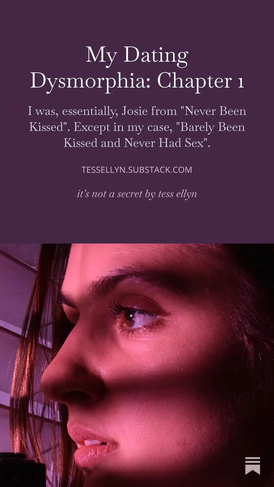 A close-up profile photo of a woman's face with makeup, brown hair, and a contemplative expression. The upper part of the image contains text about dating and personal experiences.