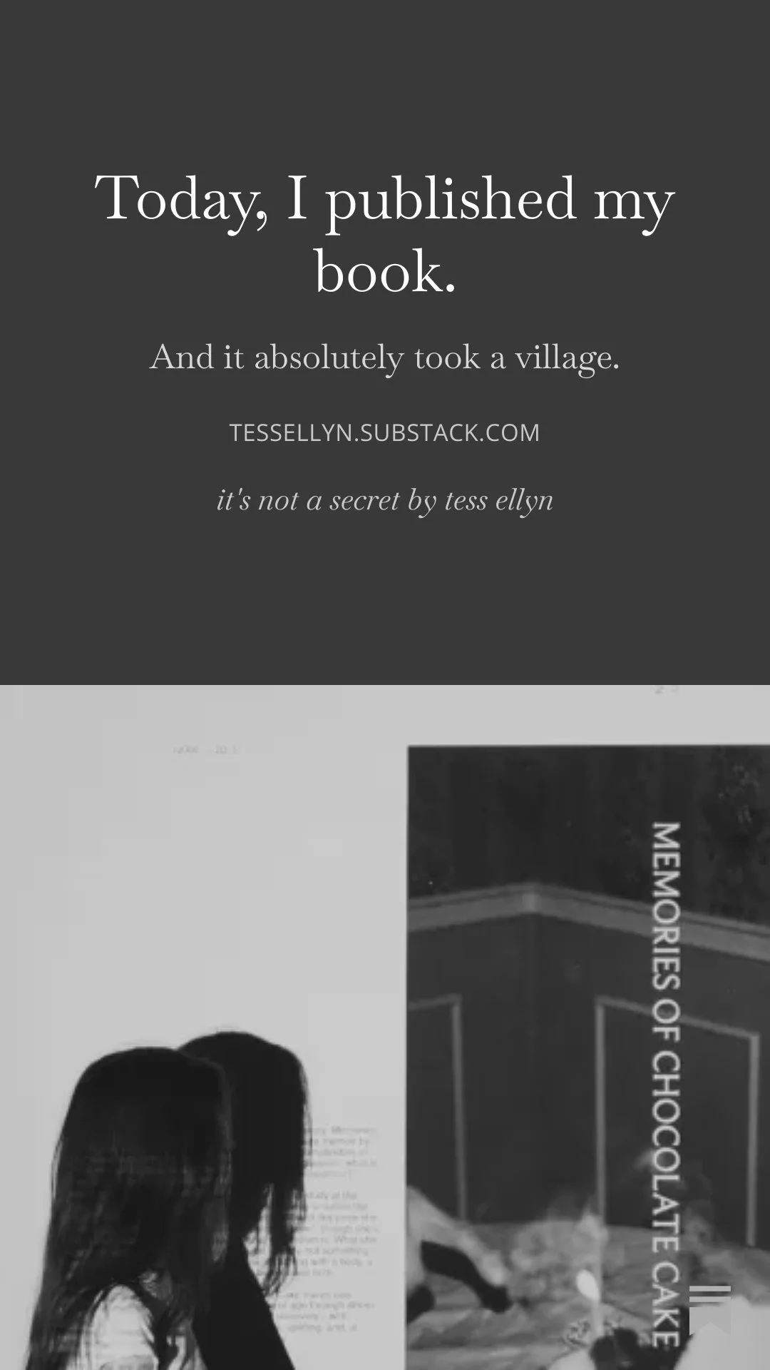 Black and white photo of a person and a sign that says 'Memories of Chocolate Cake' on a wall.