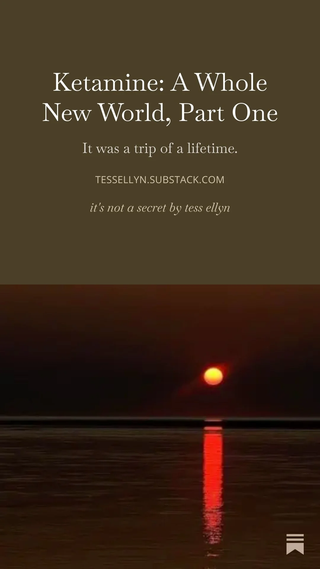 A sunset over the water with a reflection of the sun on the surface, and a quote on a brown background about ketamine. 
