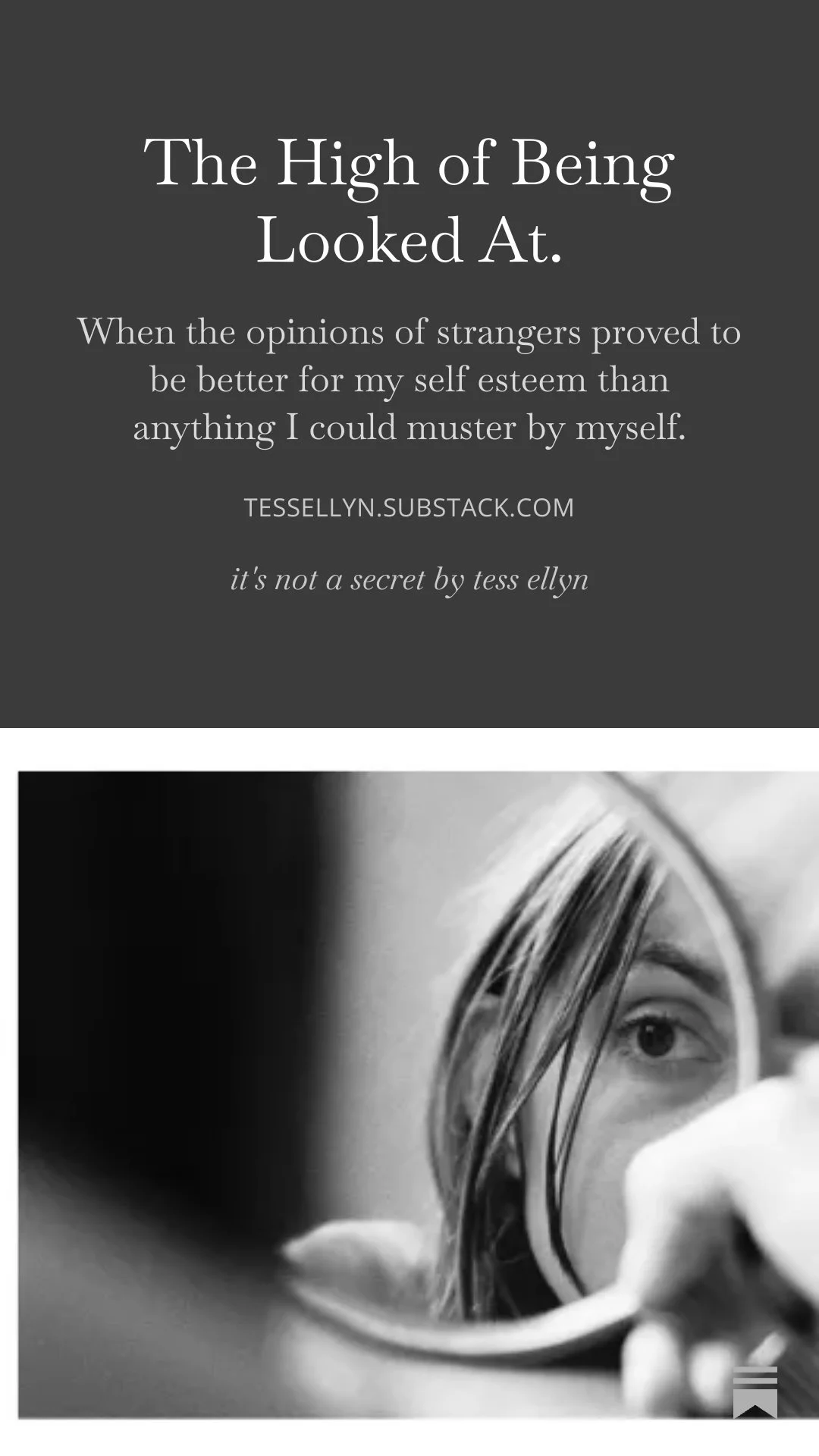 Inspirational quote about self-esteem and looking in the mirror, accompanied by a black and white photo of a woman gazing into a mirror.