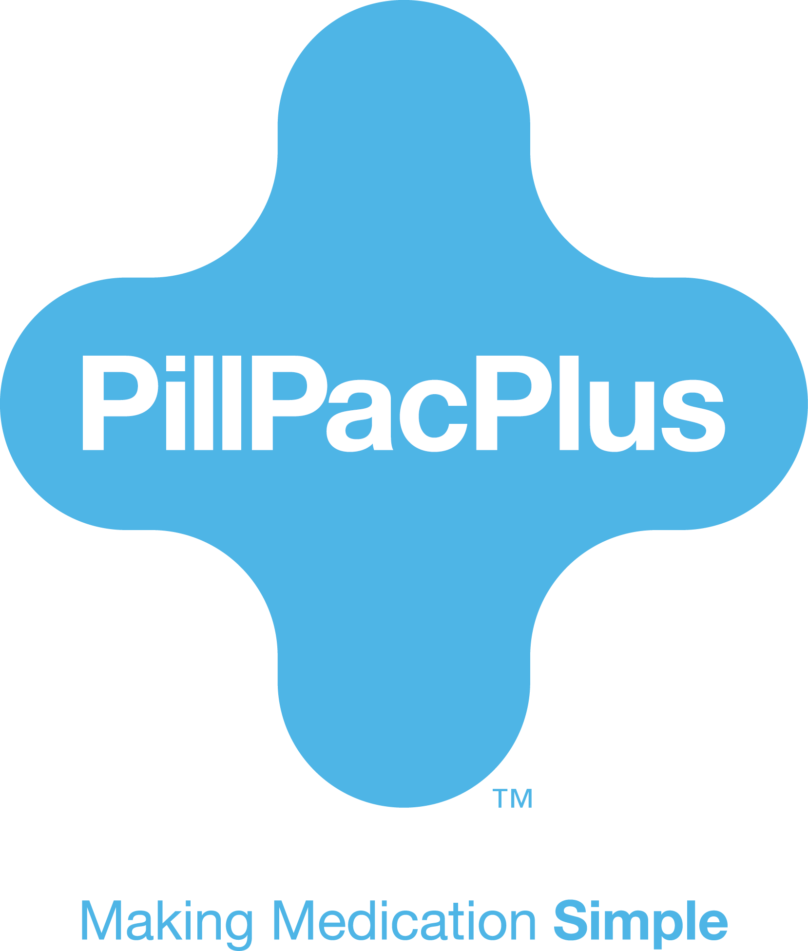 Blue and black logo of PillPacPlus with a stylized pill shape and the slogan "Making Medication Simple"