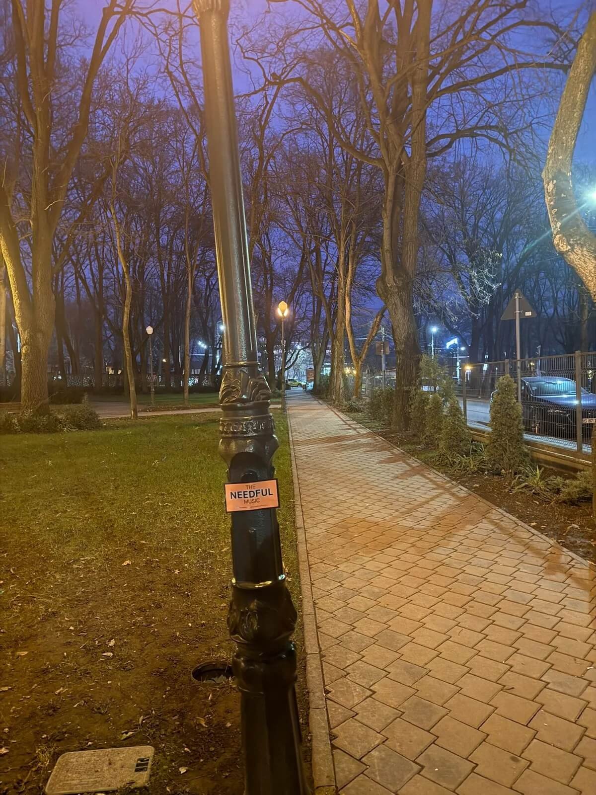 Nighttime scene of a city sidewalk with bare trees and streetlights. A black lamppost has a pink sticker that reads 'THE NEEDFUL MUSIC.'