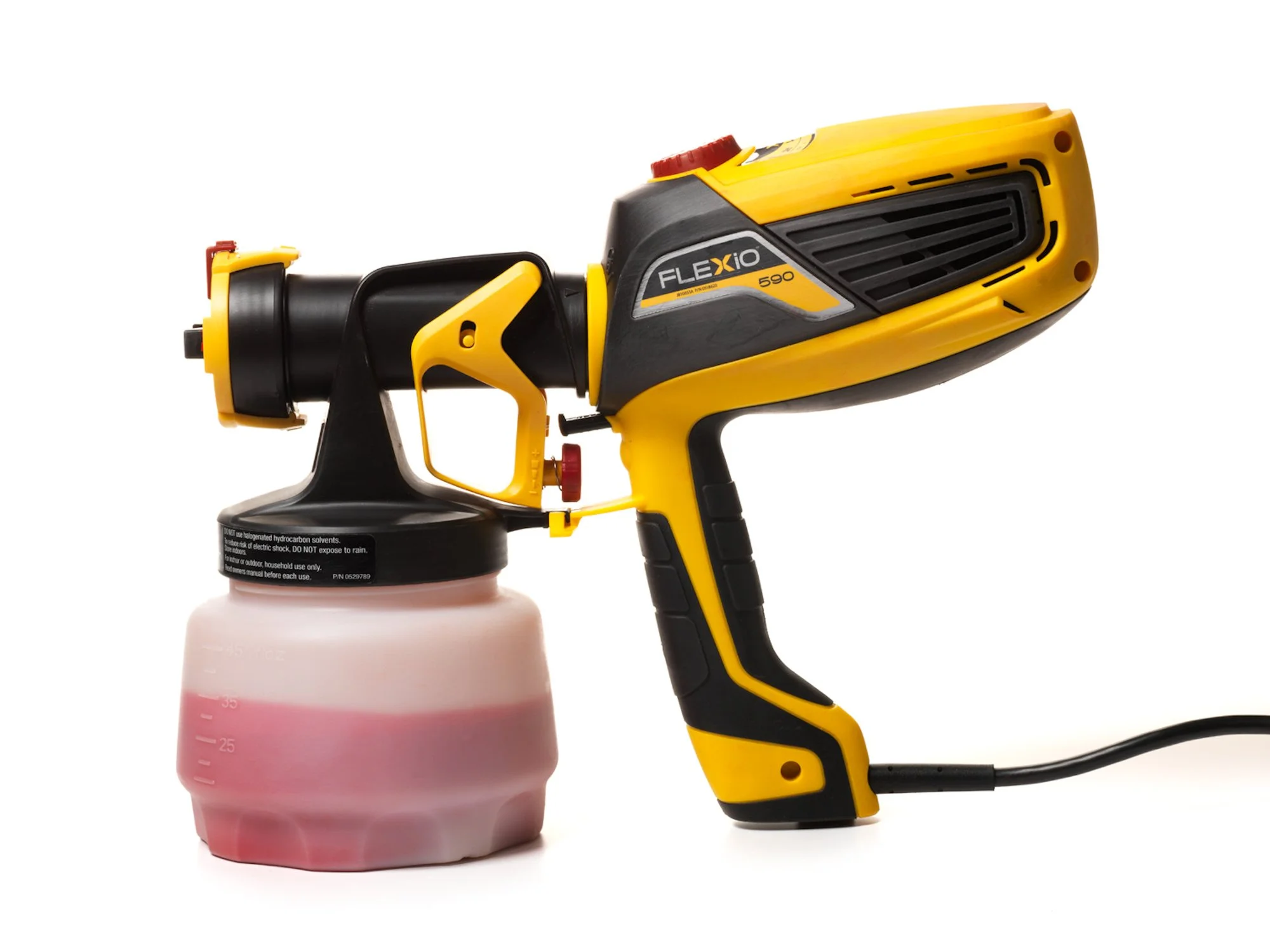 Yellow and black cordless paint sprayer with a pink paint container, labeled 'Flexio 590'.