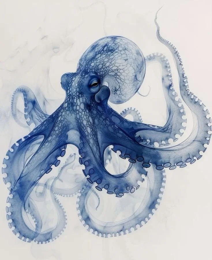 A blue watercolor painting of an octopus with a large head, detailed tentacles, and a partially transparent body, set against a light background.