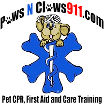 Logo for Paws N Claws 911, featuring a cartoon dog with a nurse's hat, a blue paw print, and a medical caduceus, promoting pet CPR, first aid, and care training.