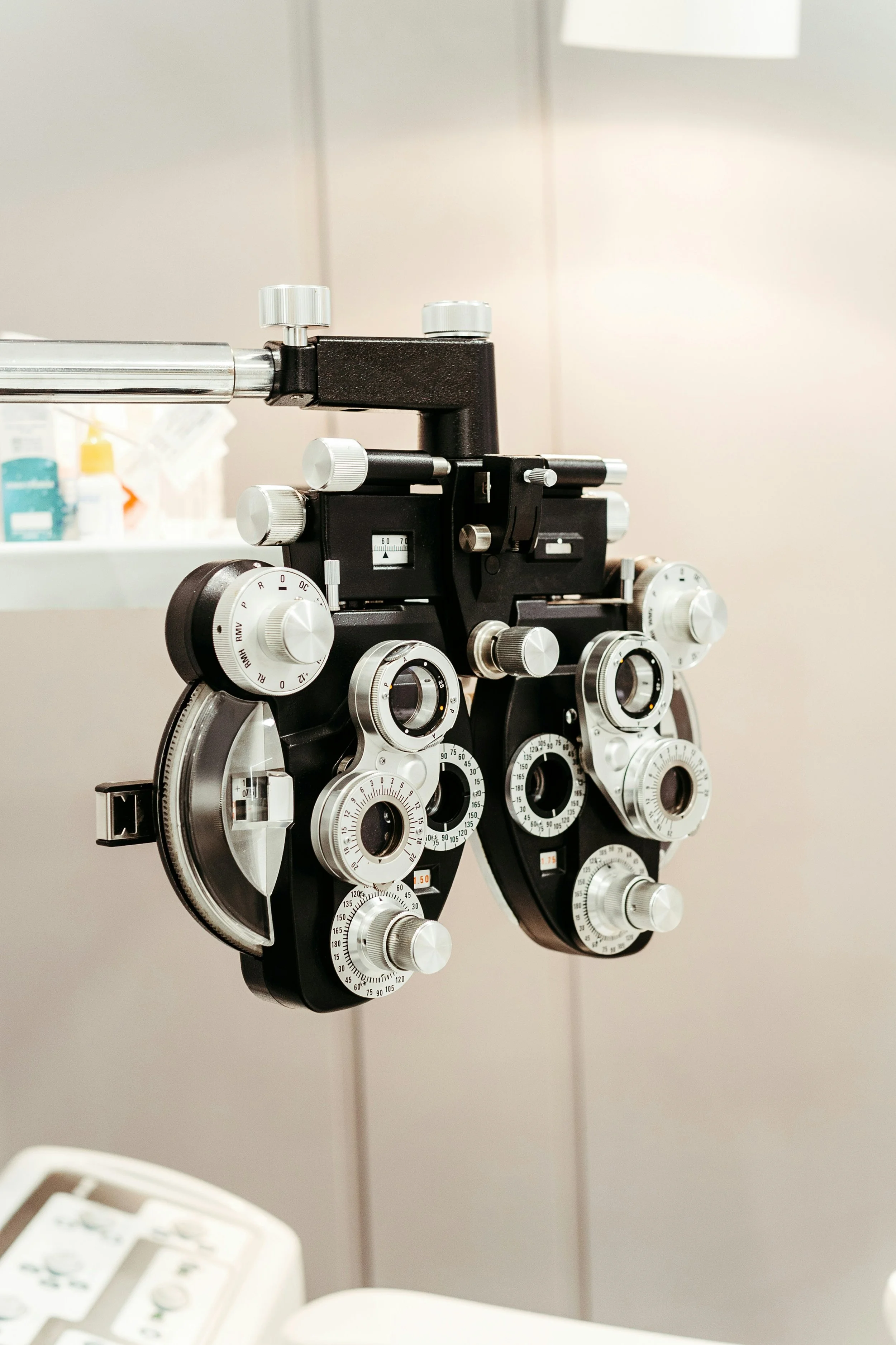 A slit lamp used in an ophthalmology clinic for eye examinations.