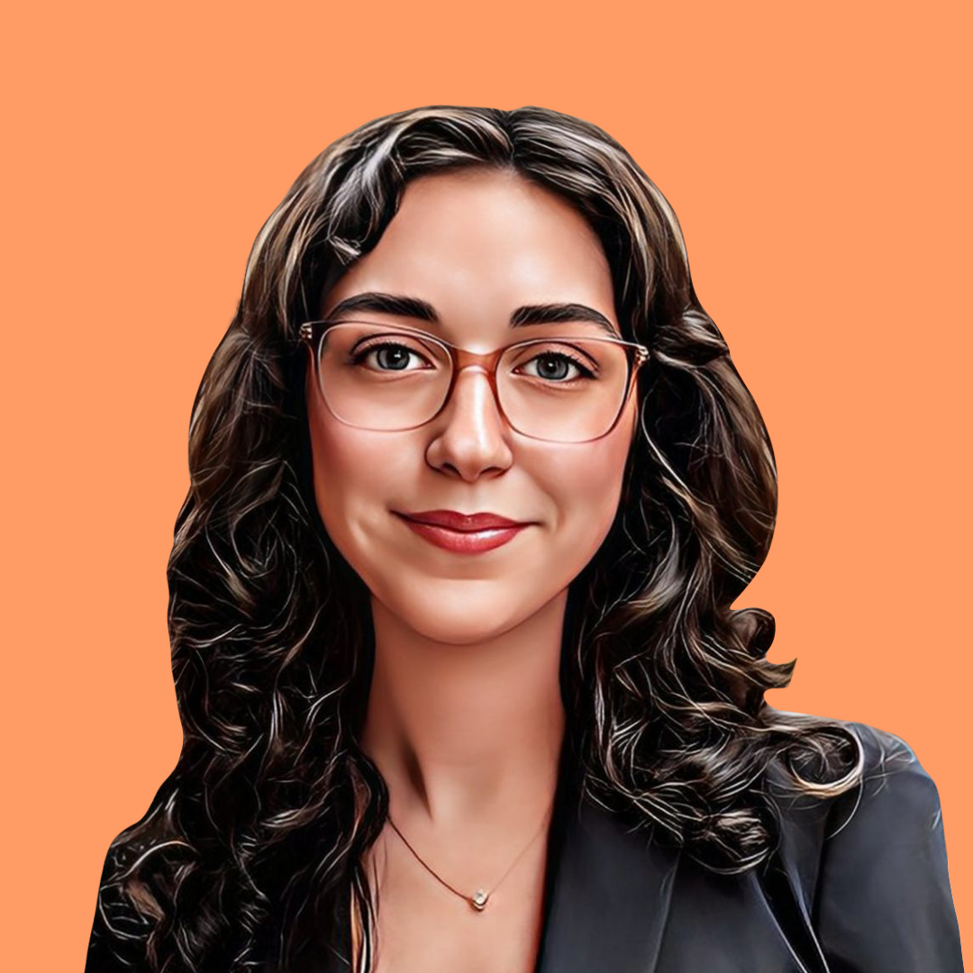 Digital portrait of a smiling woman with curly dark hair, glasses, and a black blazer on an orange background
