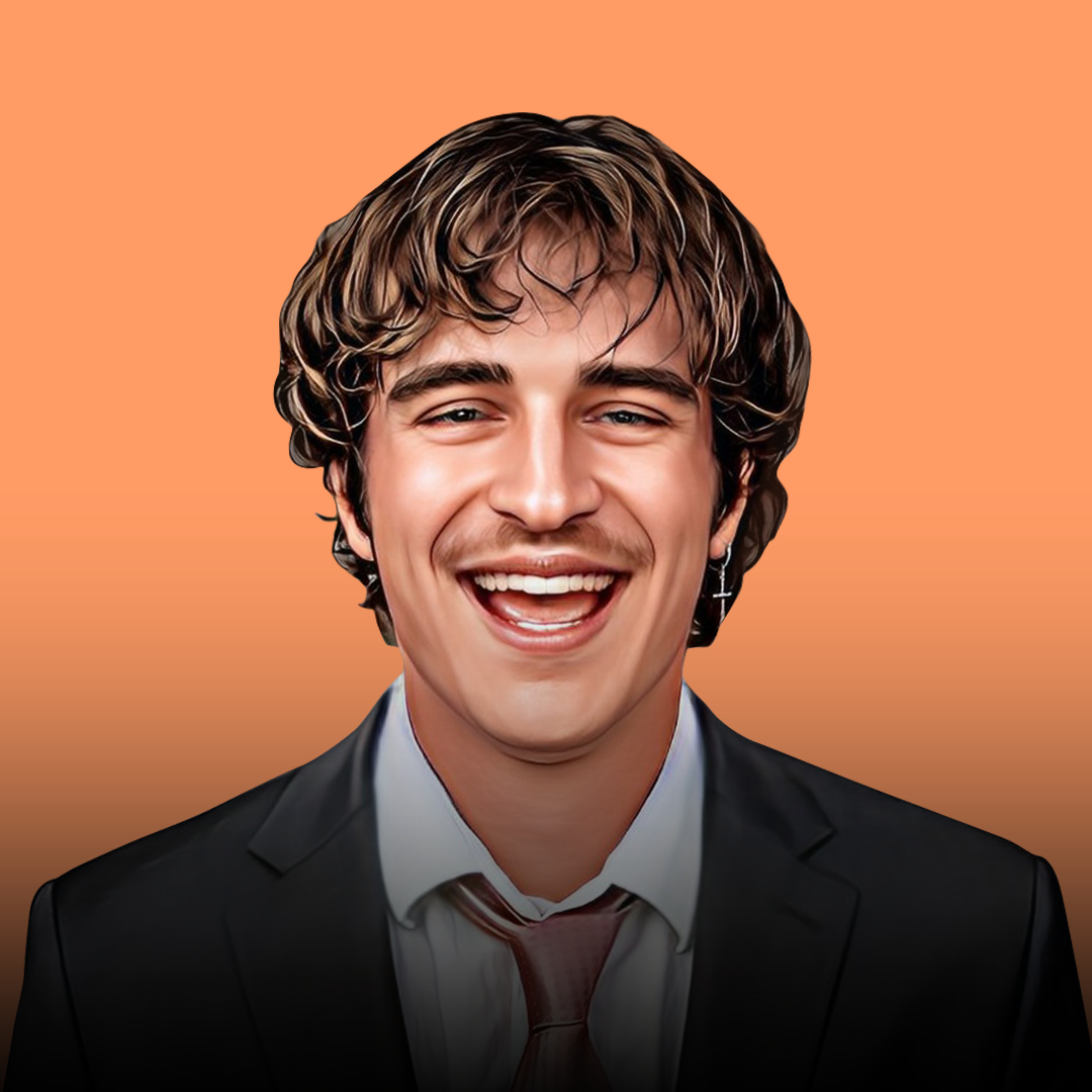 Illustrated portrait of a smiling young man with curly brown hair wearing a black suit and loosened tie