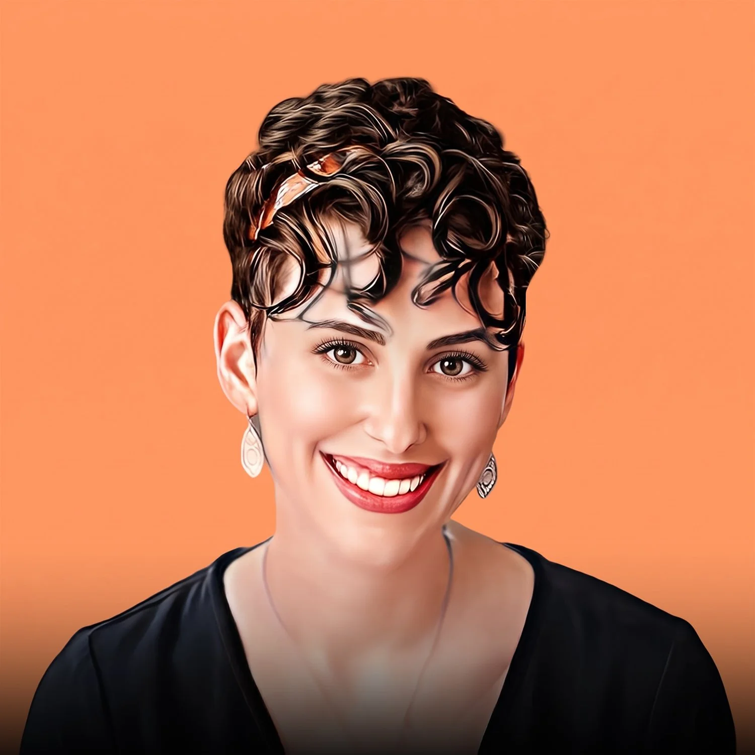 Smiling woman with short curly dark hair and earrings against an orange background