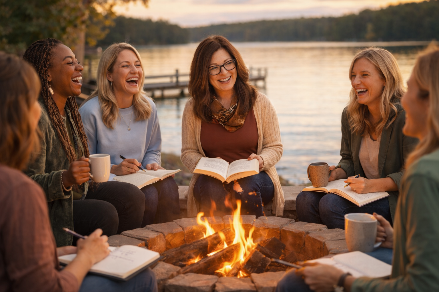 Women gathered around a lakeside campfire at sunset during a leadership retreat, laughing and holding notebooks.