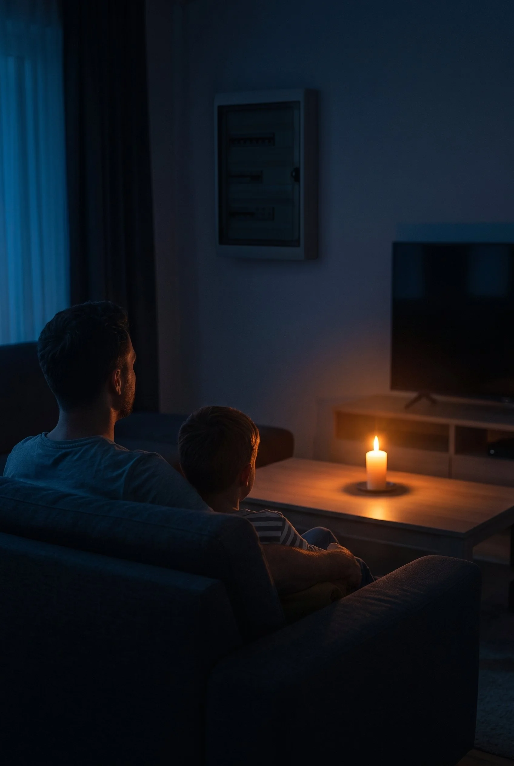 Familie sitzt im Wohnzimmer bei Kerzenlicht und schaut einen Fernseher im Dunkeln.