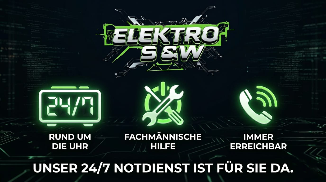 Grafik mit Elektro S&W Logo und Symbole für 24/7 Verfügbarkeit, fachmännische Hilfe und ständige Erreichbarkeit, Text auf Deutsch, Hinweis auf 24/7 Notdienst.